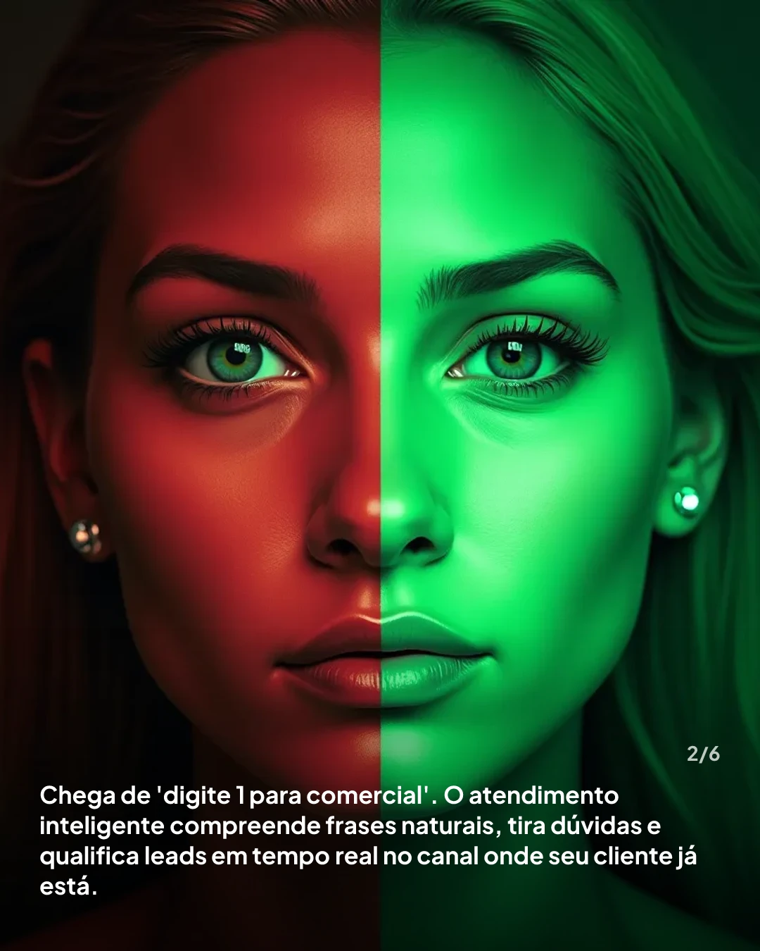 Slide 2: Chega de 'digite 1 para comercial'. O atendimento inteligente compreende frases naturais.